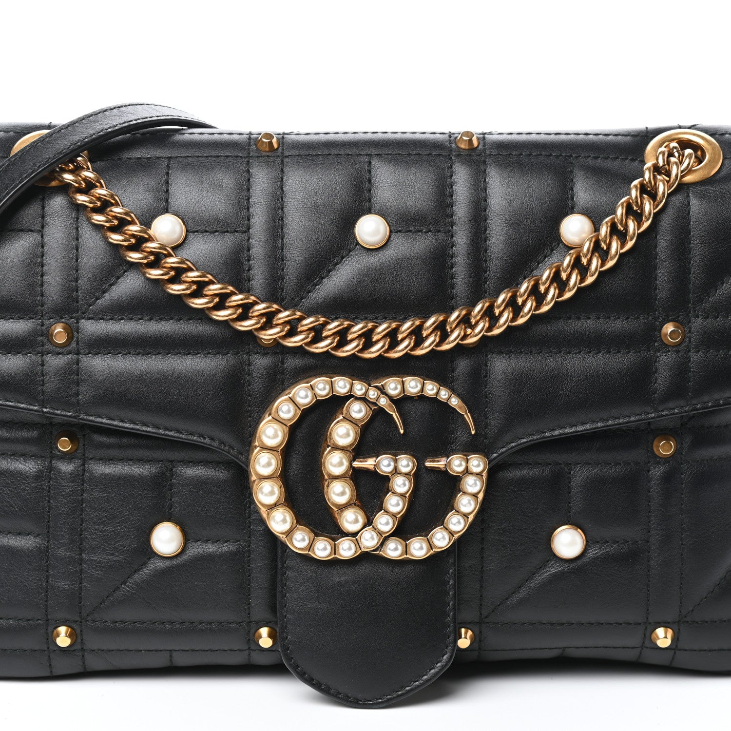 Gucci Calfskin Matelasse Studded Medium Pearly GG Marmont Shoulder Bag Black 7 of 9