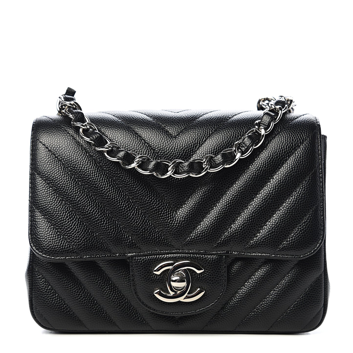 Caviar Chevron Quilted Mini Square Flap Black
