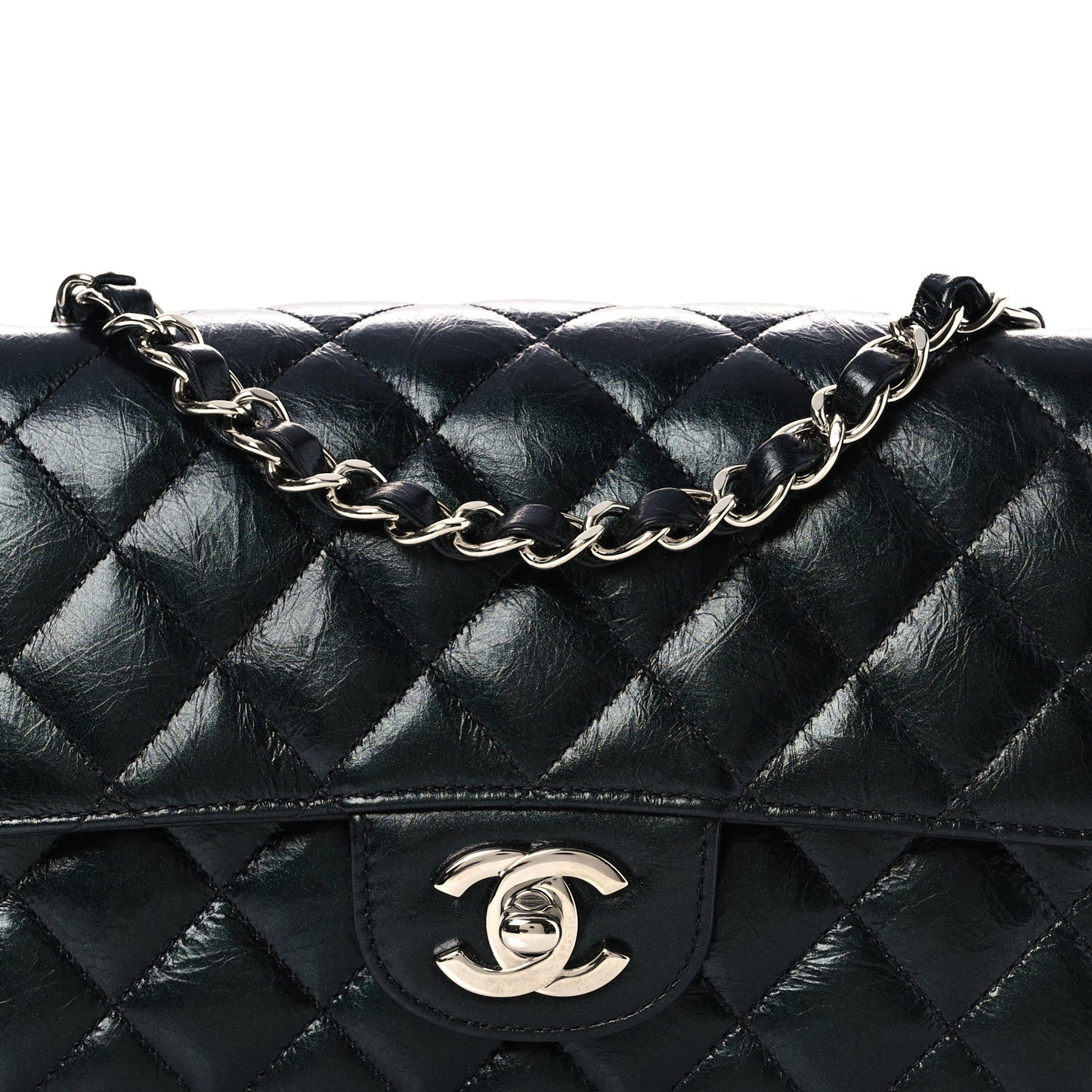 Metallic Aged Calfskin Quilted Mini Rectangular Flap  Green