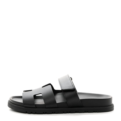 Hermes Calfskin Womens Chypre Sandals 37.5 Black 1 of 9
