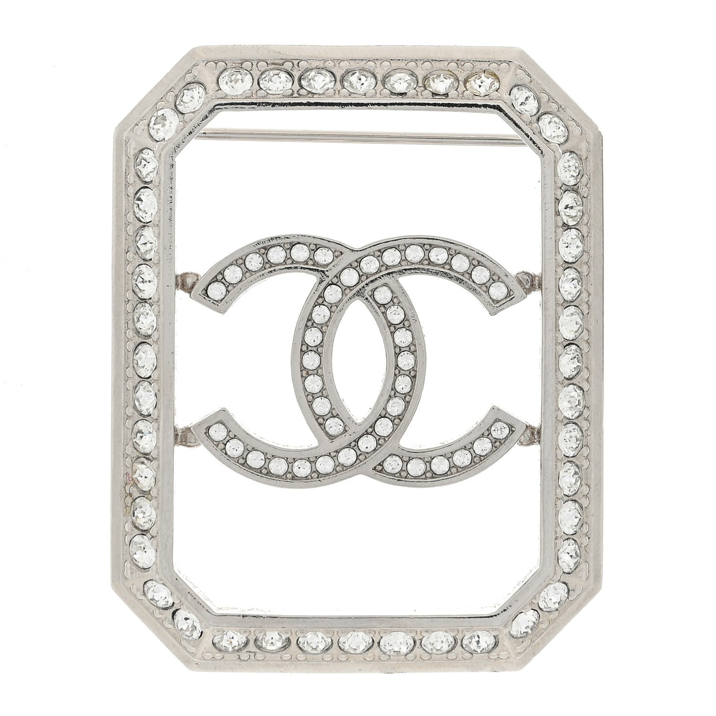 Metal Crystal Square CC Brooch Silver