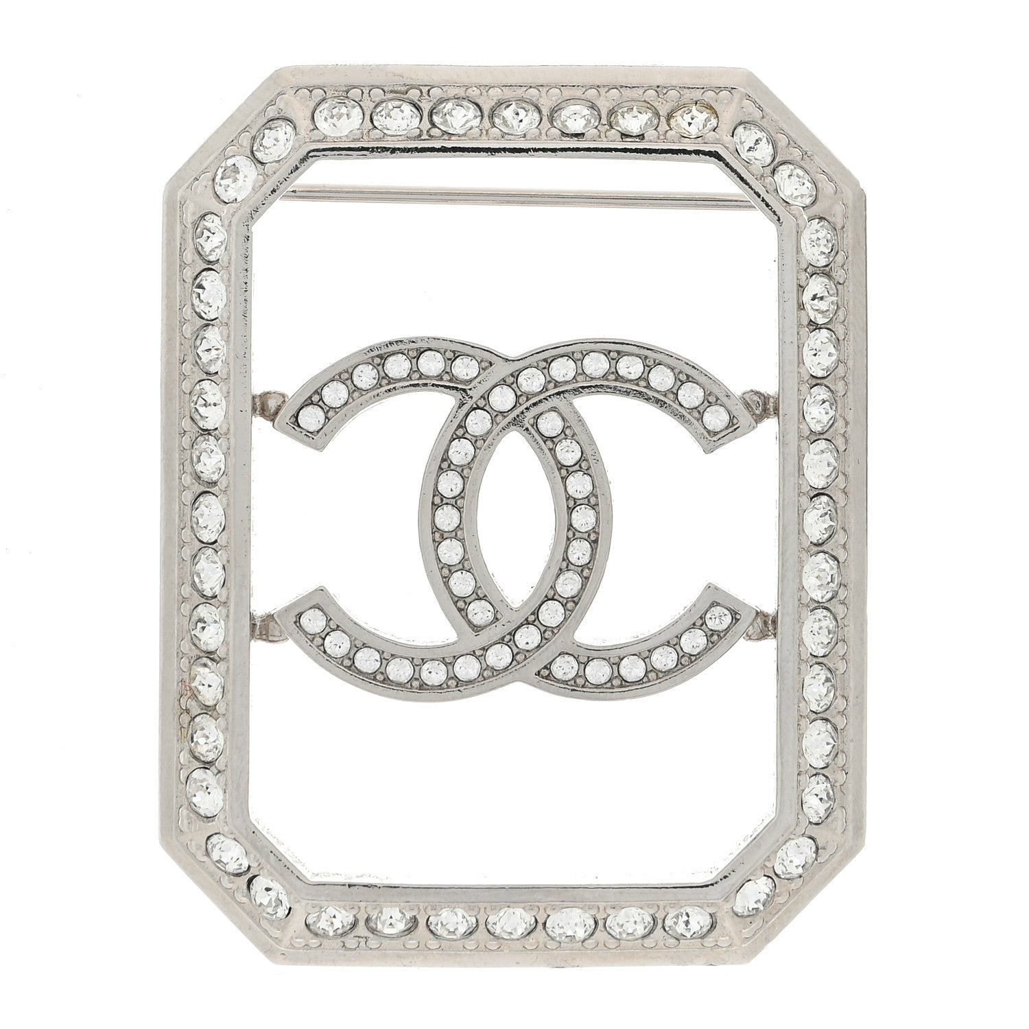 Chanel Metal Crystal Square CC Brooch Silver 1 of 4