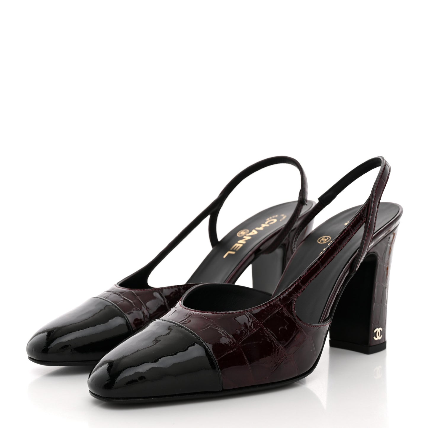 Patent Calfskin Crocodile Embossed Cap Toe CC Slingback Pumps 41 Dark Burgundy Black