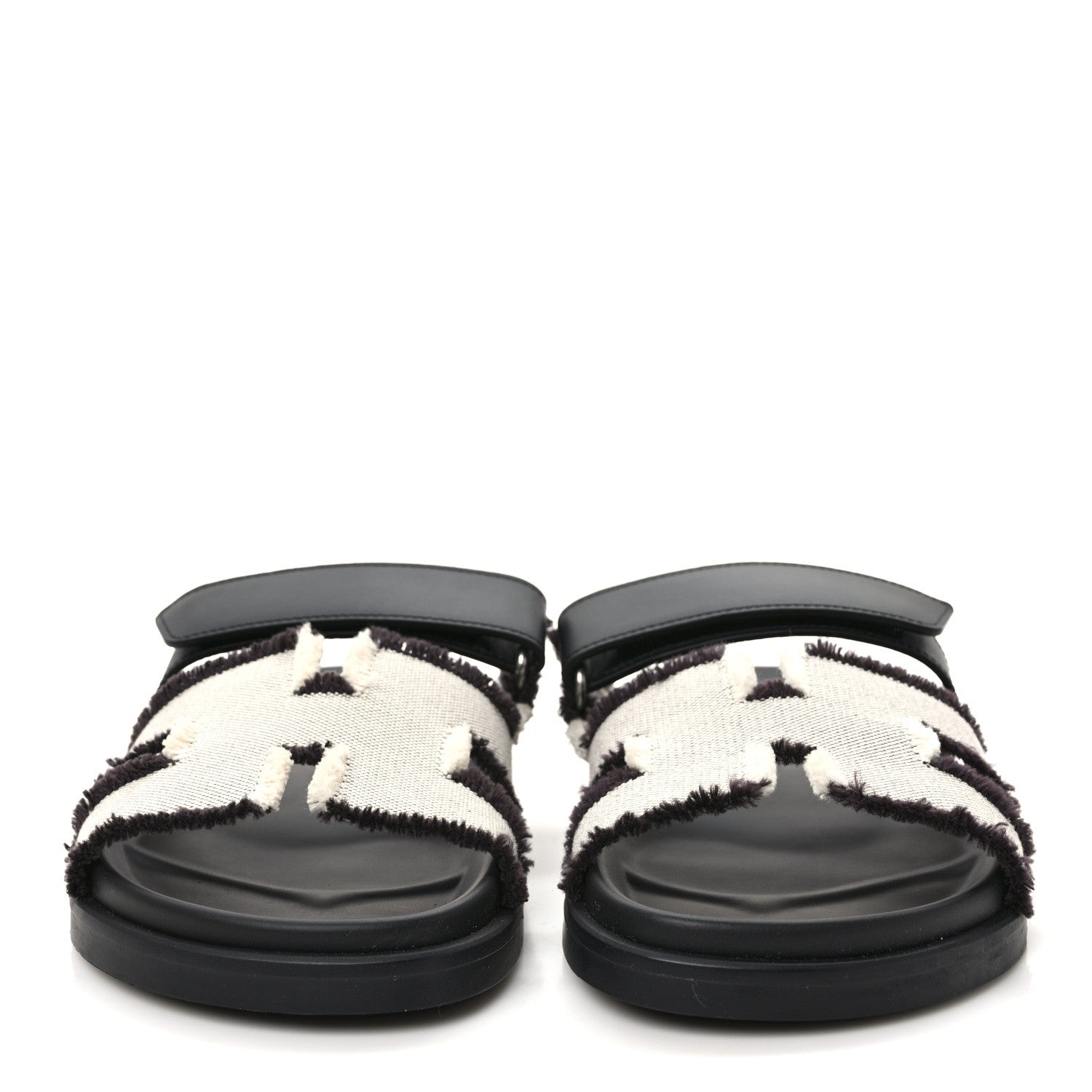 Hermes H Canvas Calfskin Fringed Chypre Sandals 38 Prunoir Black 2 of 9