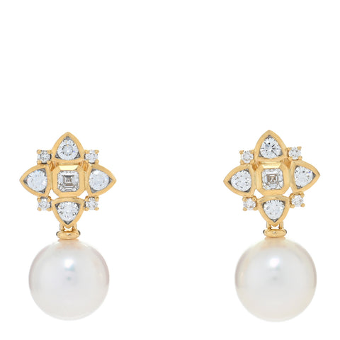 18K Yellow Gold Diamond South Sea Pearl Renaissance Trillion Drop Earrings