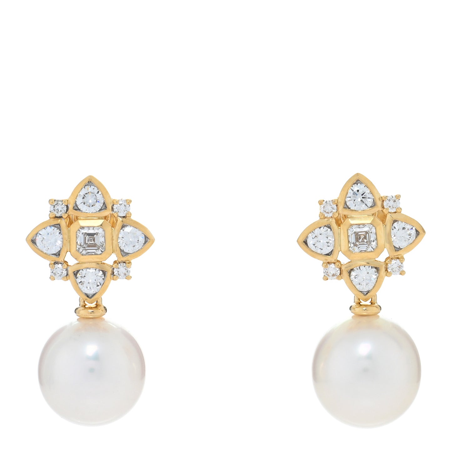 18K Yellow Gold Diamond South Sea Pearl Renaissance Trillion Drop Earrings