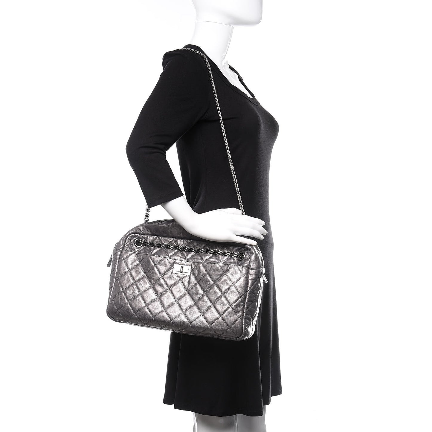 Metallic Aged Calfskin Quilted Large Reissue Camera Case Silver