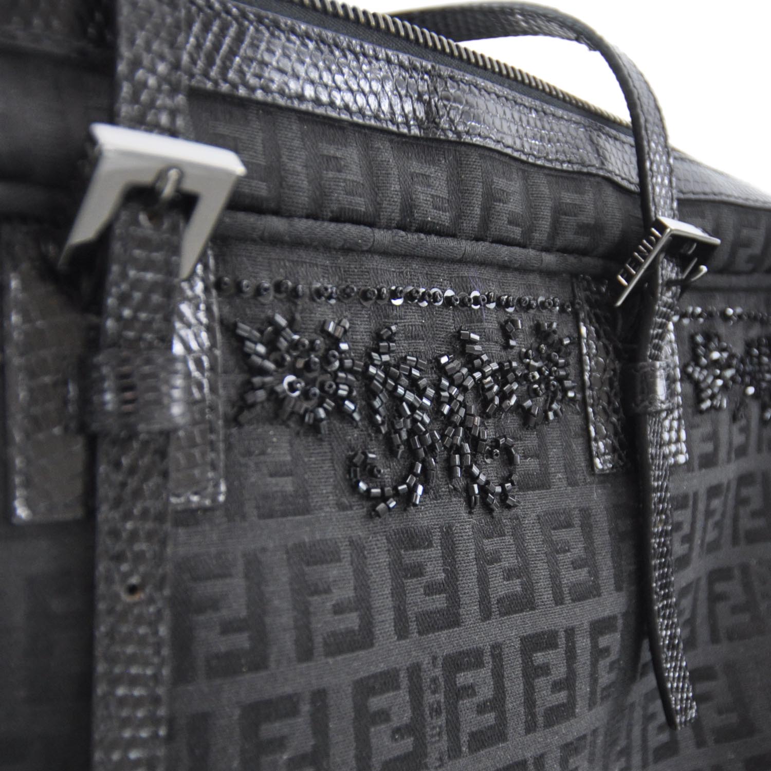 Fendi Zucchino Snakeskin Beaded Satchel Black 4 of 10