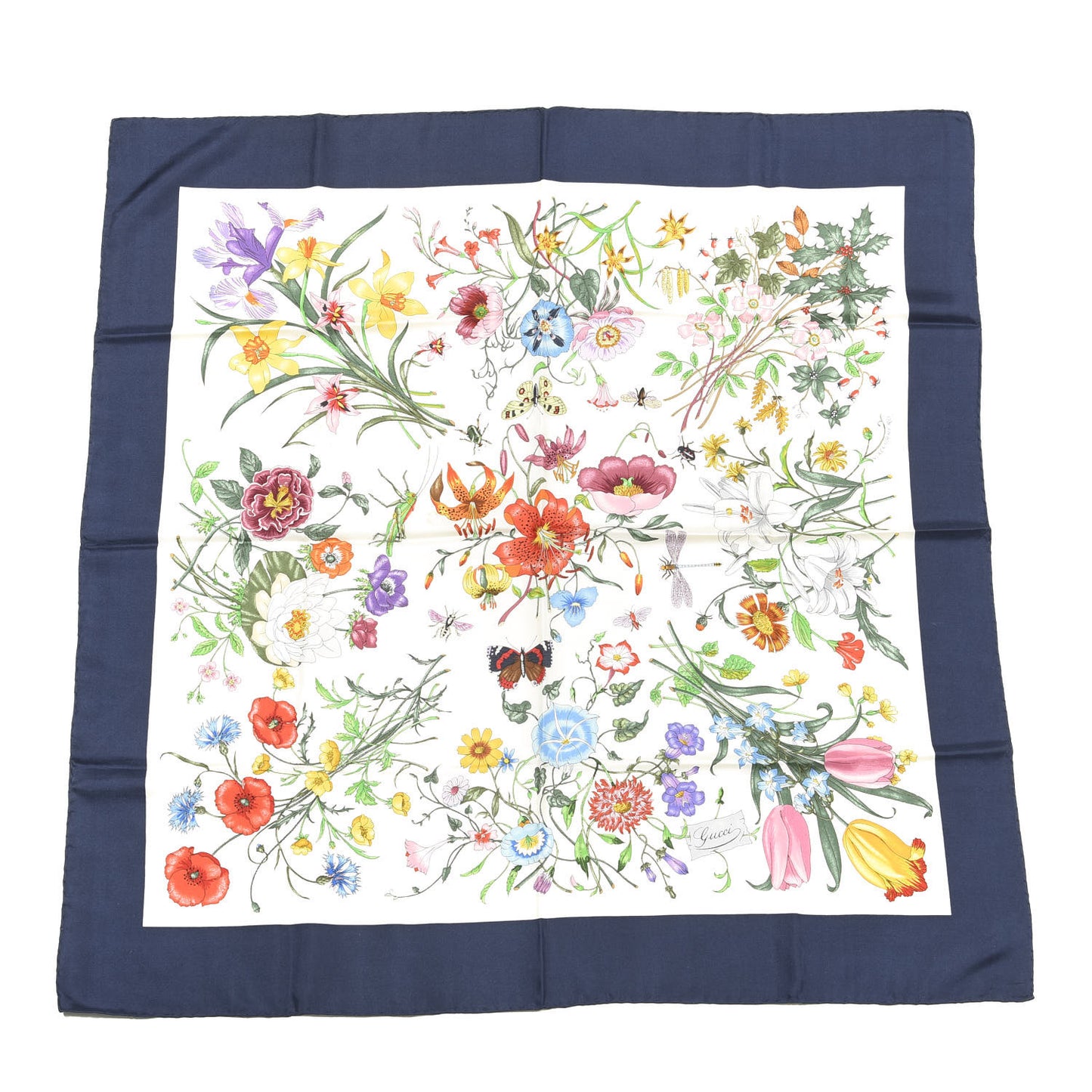 Silk Twill Flora Square Scarf Midnight Blue