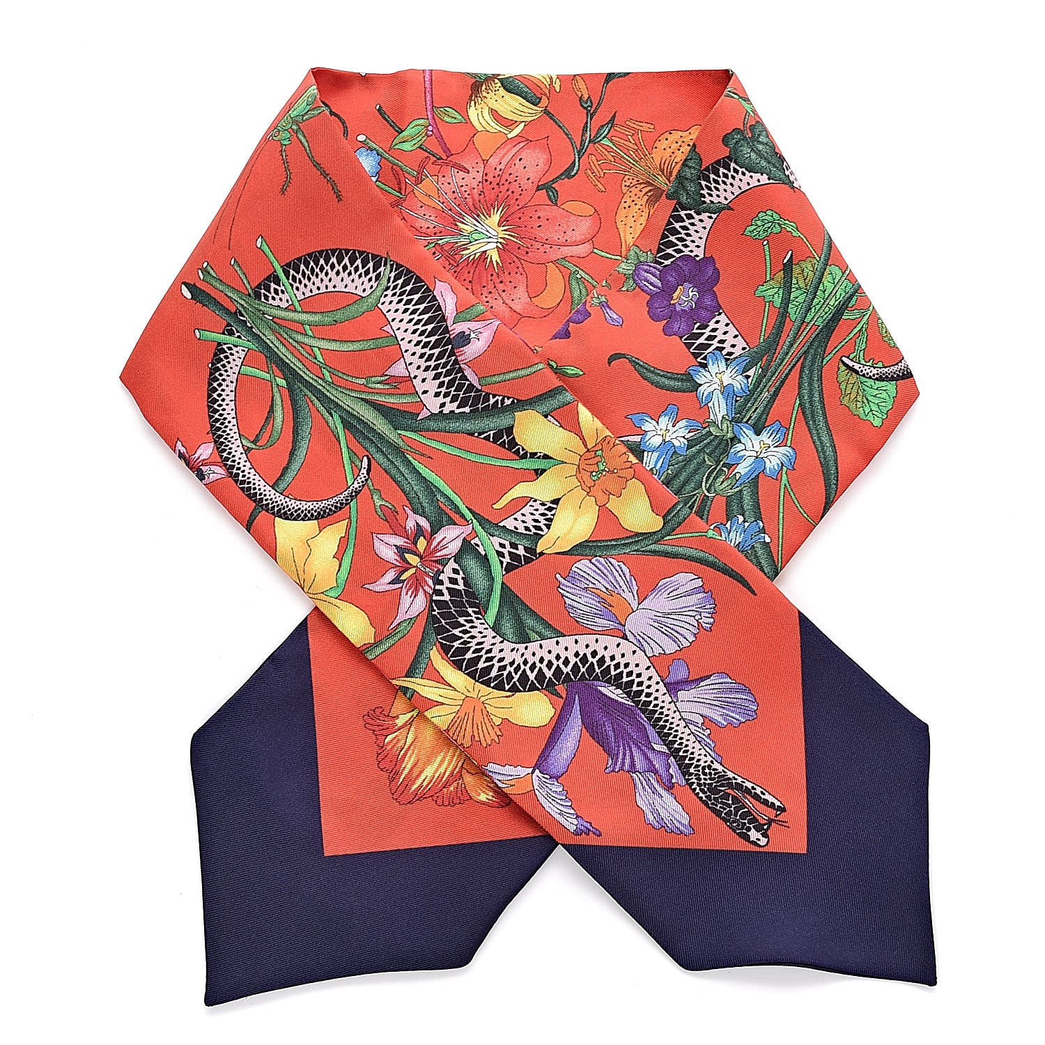 Gucci Silk Twill Flora Snake Neck Bow Scarf Red Blue 1 of 4
