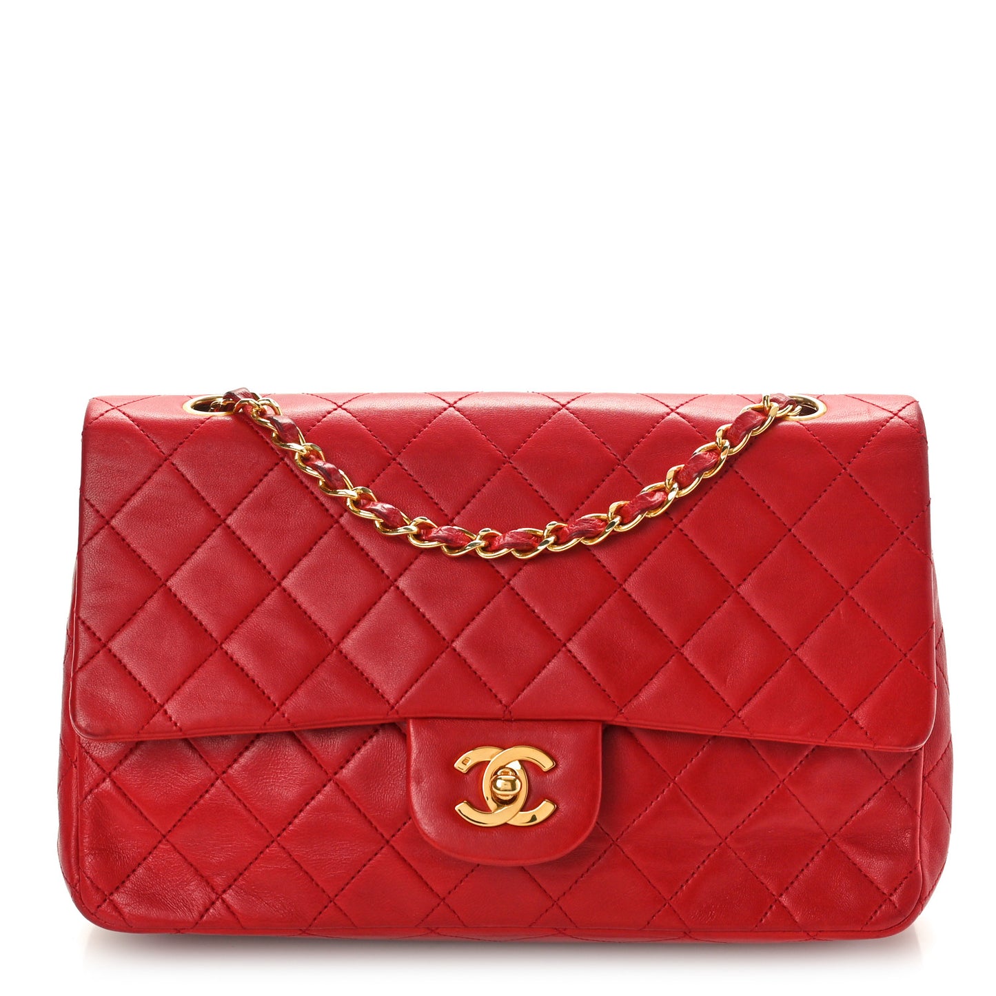 Lambskin Quilted Medium Double Flap Red