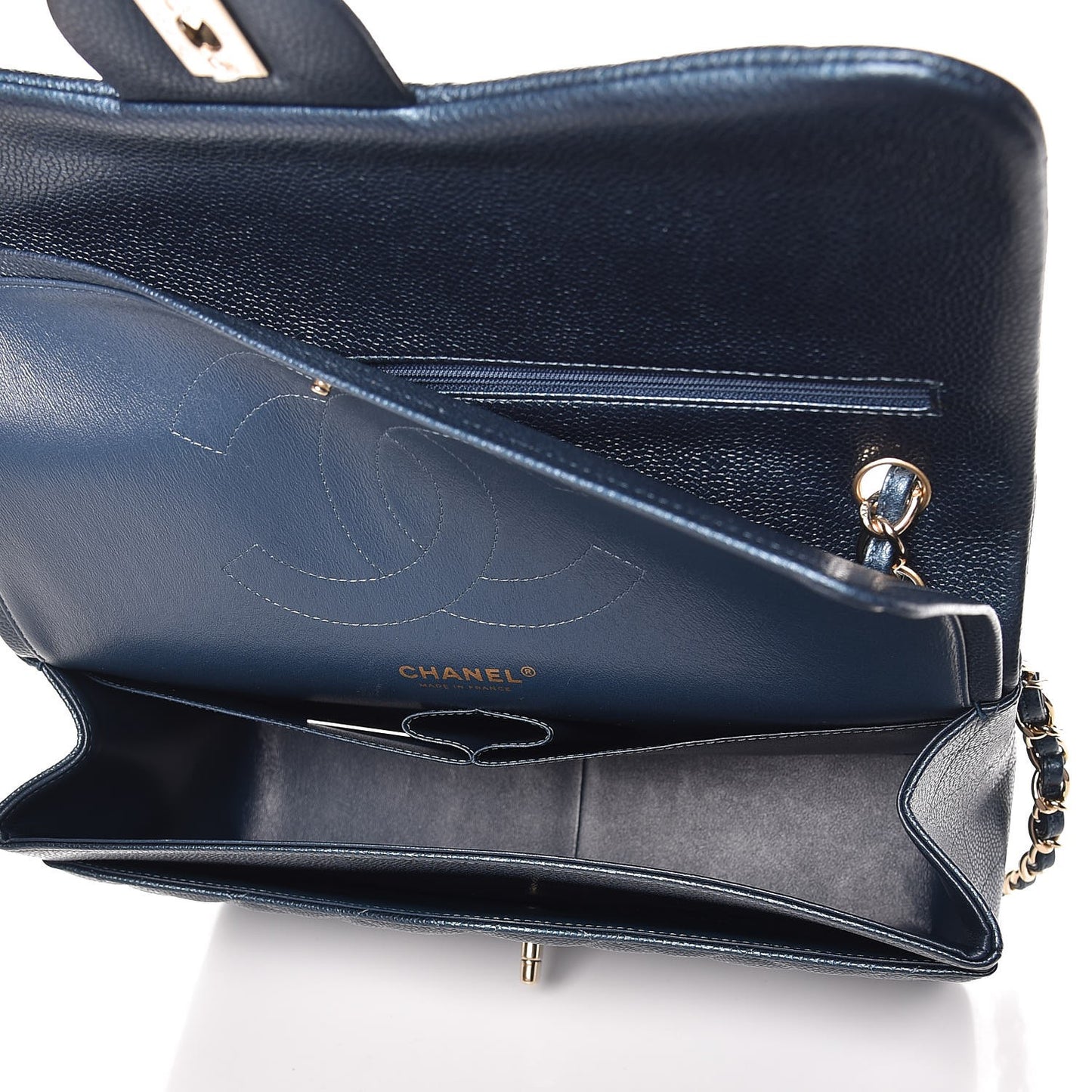 Metallic Caviar Quilted Jumbo Double Flap Dark Blue