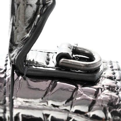 Balenciaga Metallic Shiny Calfskin Crocodile Embossed Hourglass Top Handle Bag XS Gunmetal 14 of 15