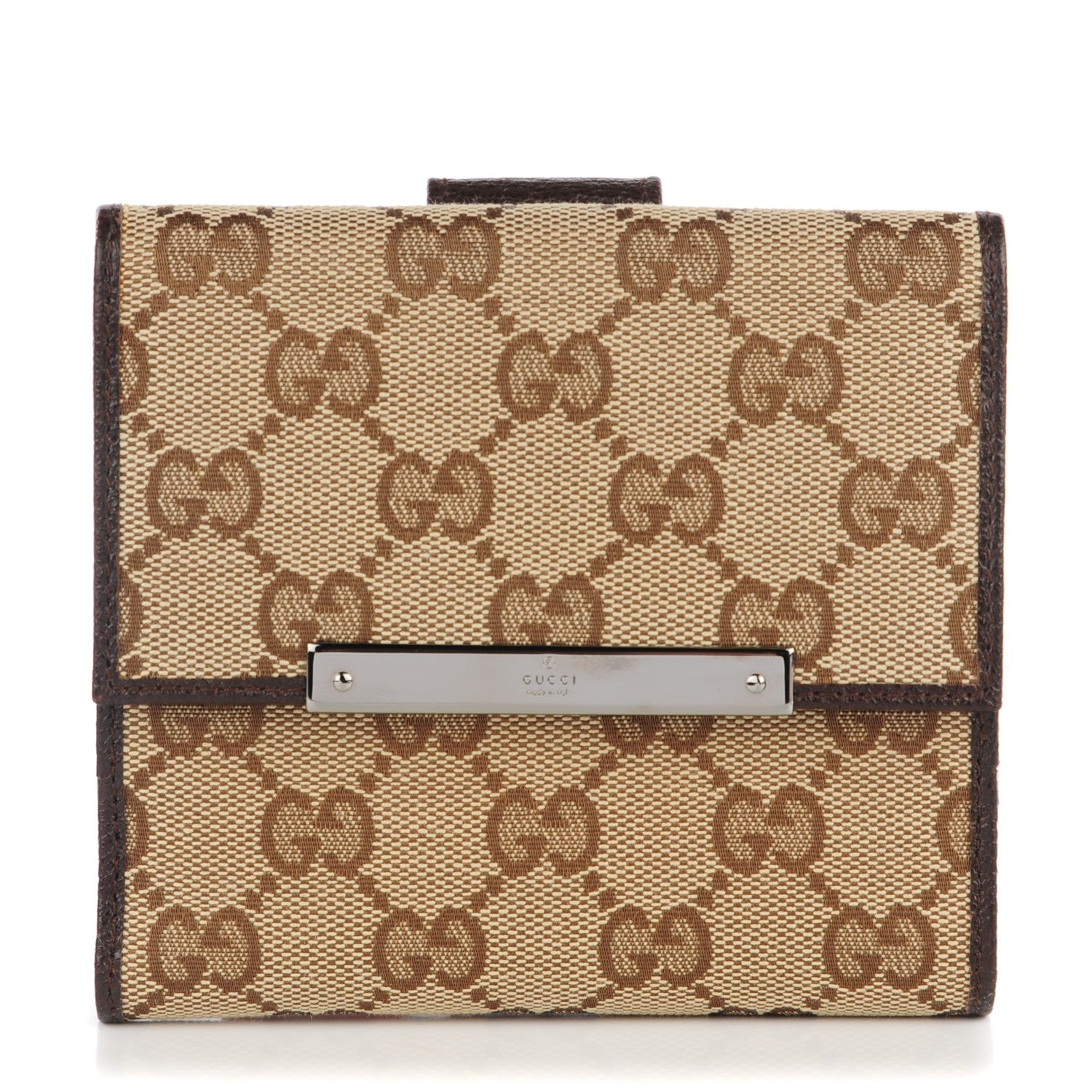 Gucci Monogram Metal Bar French Flap Wallet Beige Ebony Cocoa 1 of 7