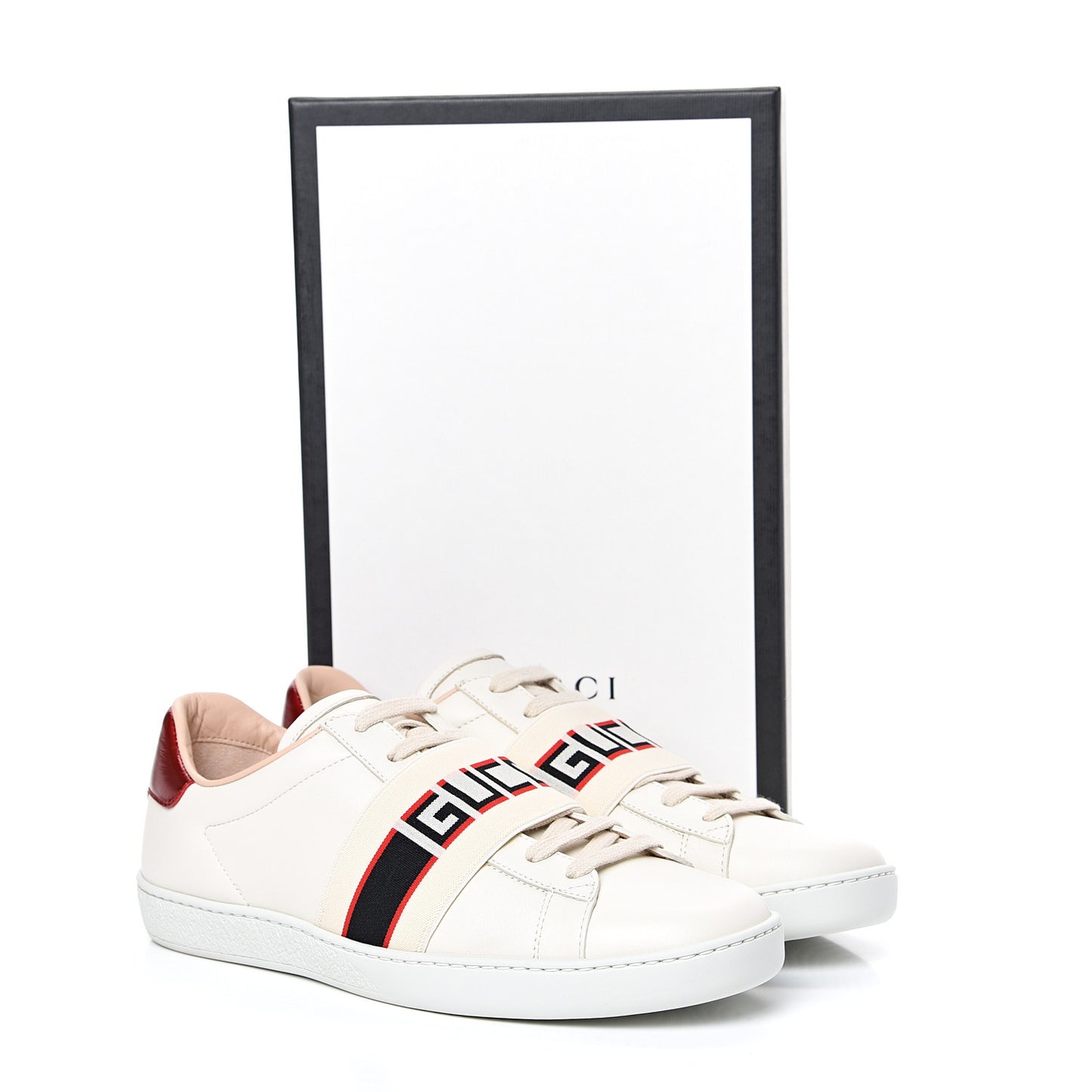 Calfskin Stripe Womens New Ace Sneakers 39 New Mystic White Ecru Red Flame