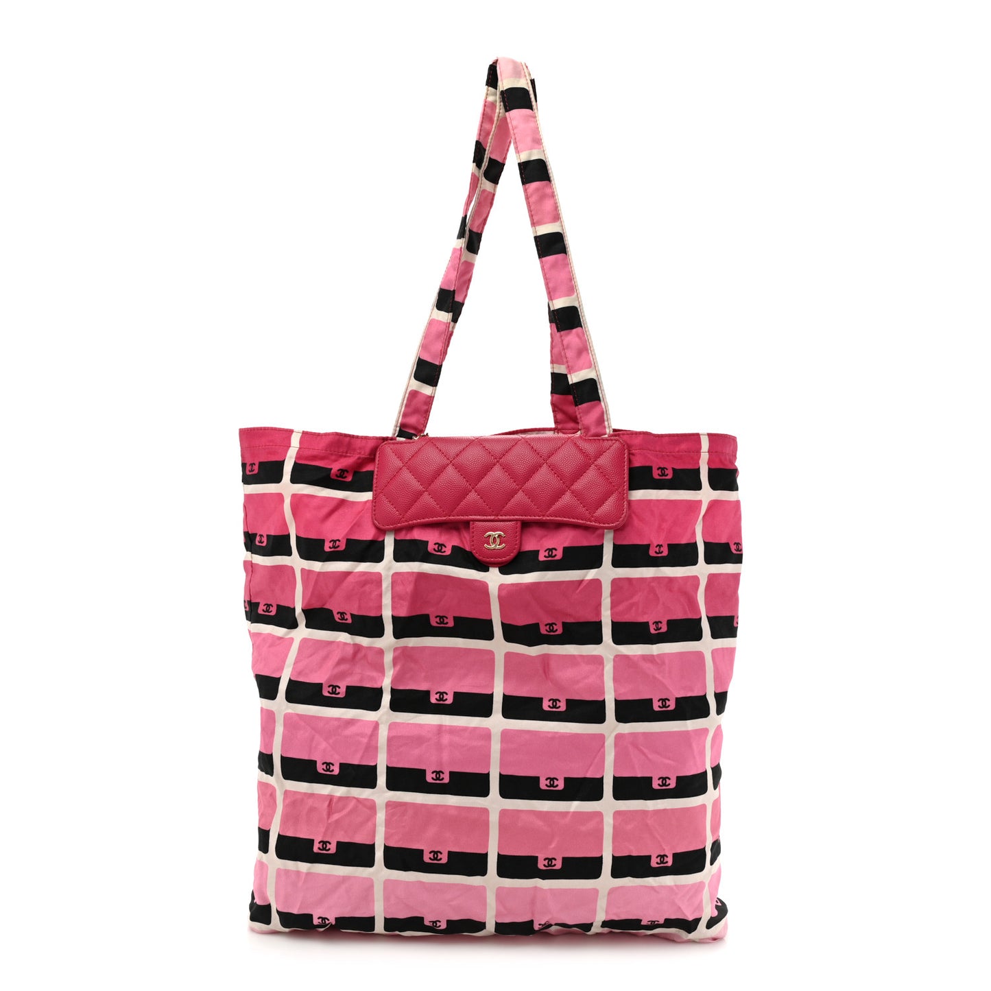 Caviar Fabric Quilted Foldable Tote With Chain Pink Multicolor