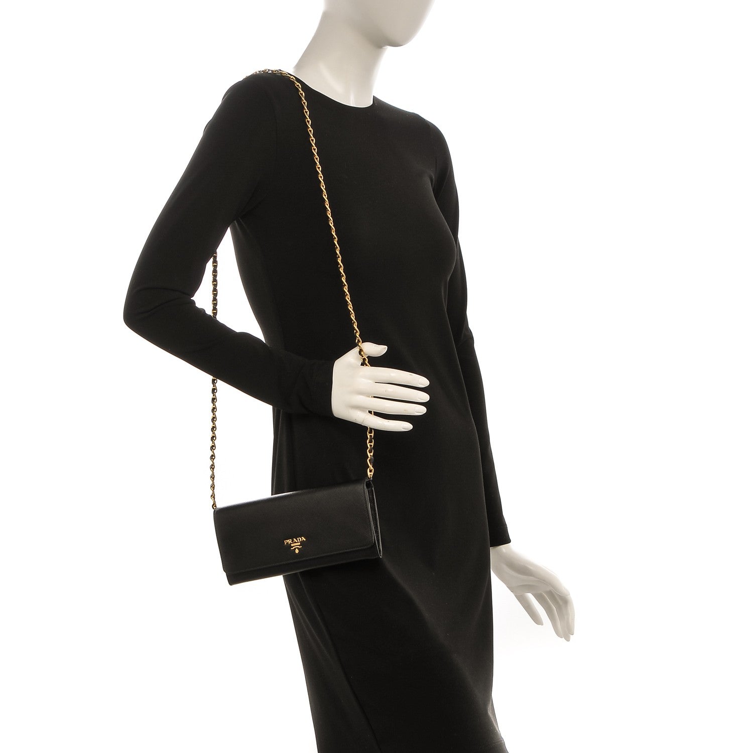 Prada Saffiano Metal Oro Chain Wallet Nero Black 2 of 9