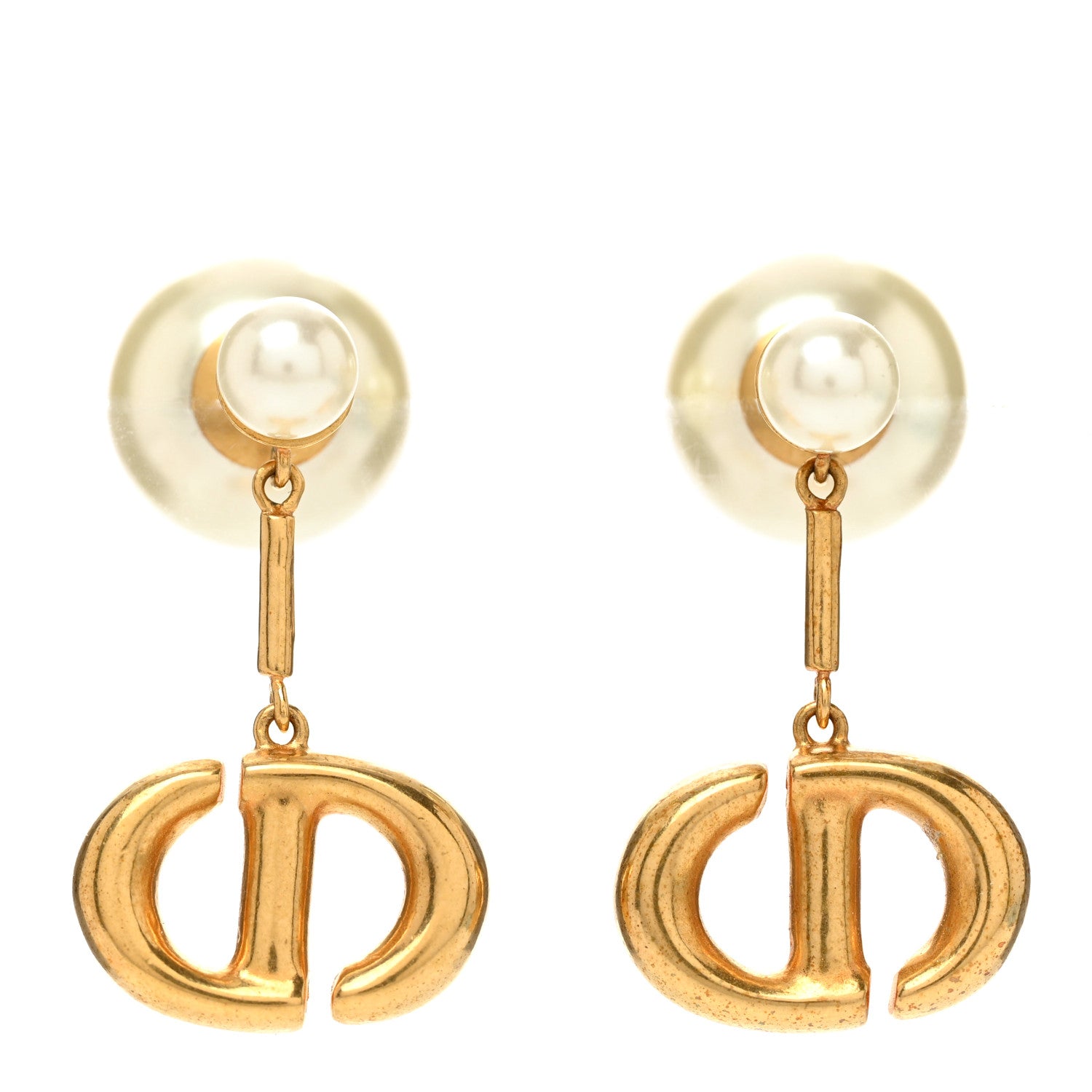 Christian Dior Pearl CD Tribal Drop Earrings Gold 1 of 4