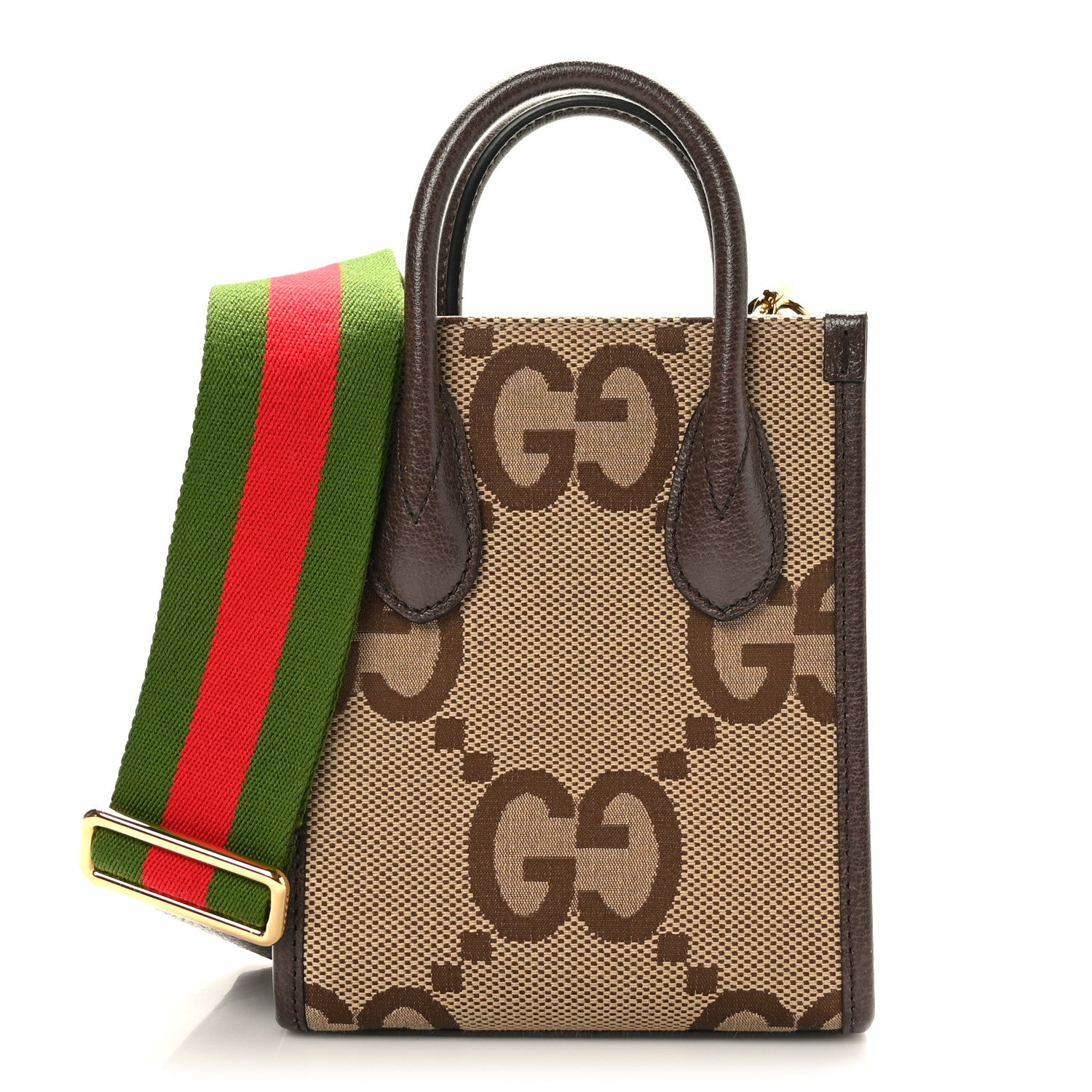 Gucci Monogram Jumbo GG Textured Dollar Calfskin Web Mini Vertical Tote Camel Ebony New Acero 1 of 10
