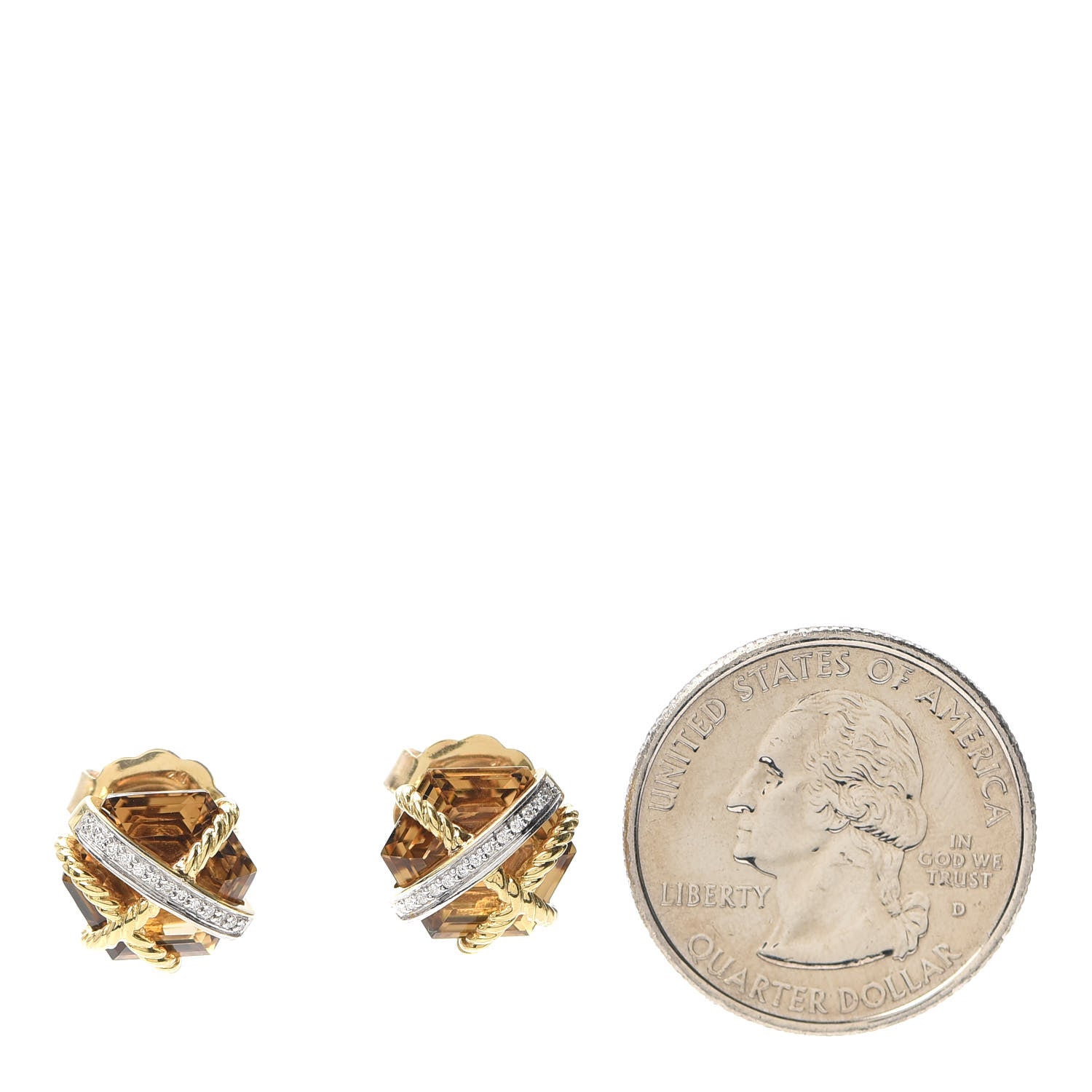 David Yurman 18K Yellow Gold White Gold Diamond Champagne Citrine 10mm Cable Wrap Earrings 2 of 4