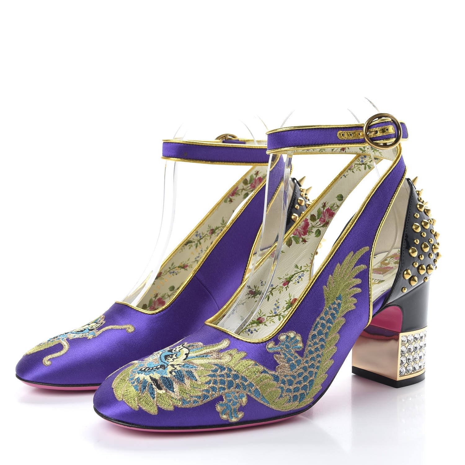Gucci Satin Embroidered Dragon Caspar Pumps 37 Purple Oro Vecchio Black 3 of 12