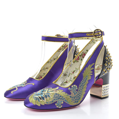 Gucci Satin Embroidered Dragon Caspar Pumps 37 Purple Oro Vecchio Black 3 of 12