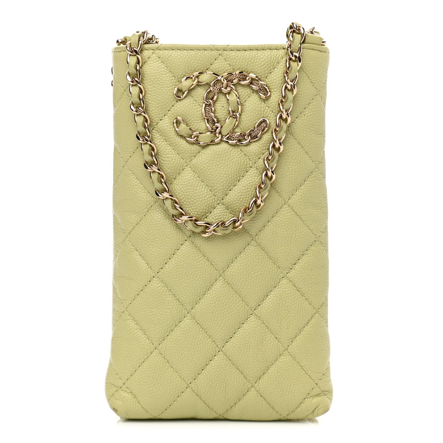 Chanel Caviar Quilted French New Wave Phone Holder With Chain Light Green 1 of 13