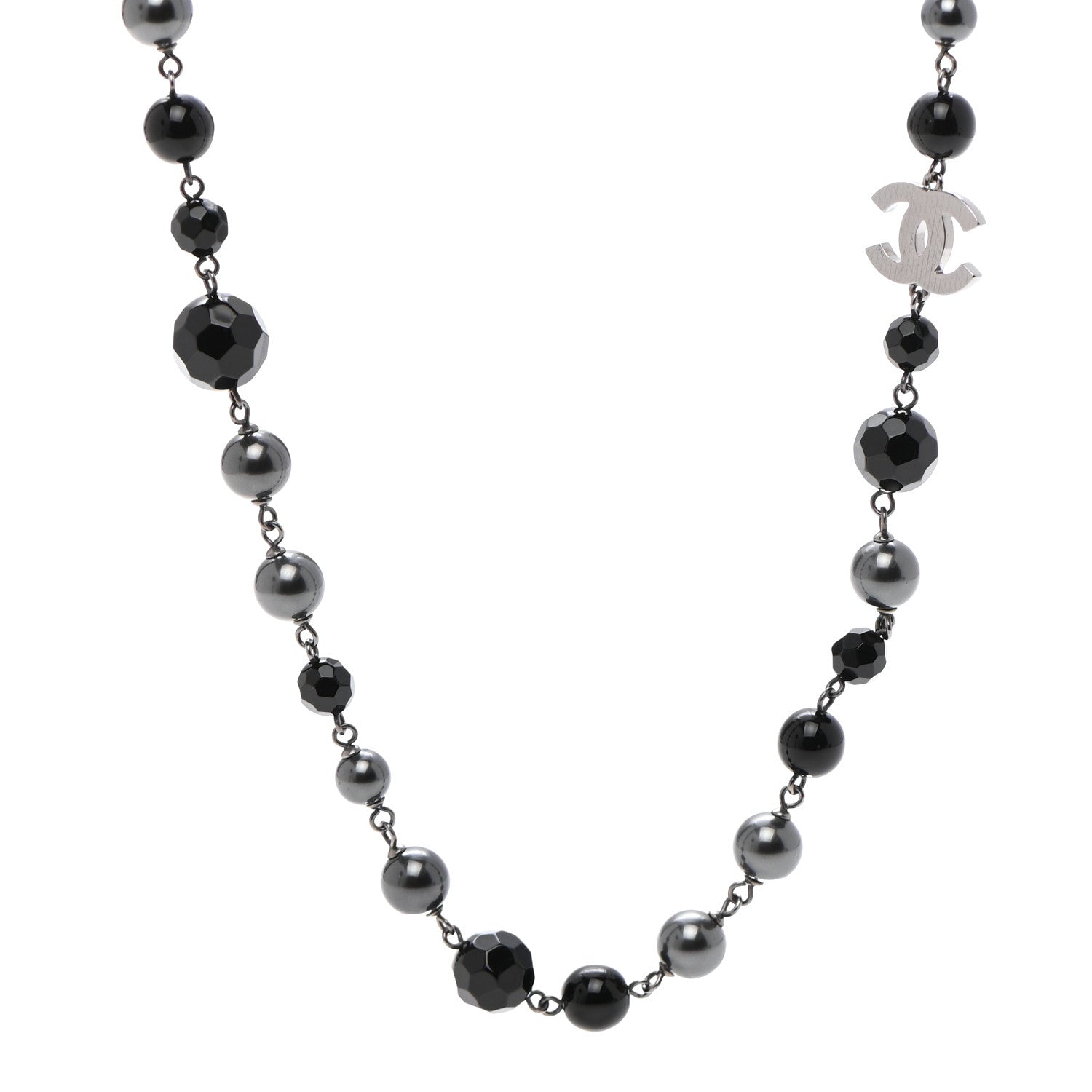Chanel Pearl Bead Enamel CC Long Necklace Silver Black Grey 4 of 6