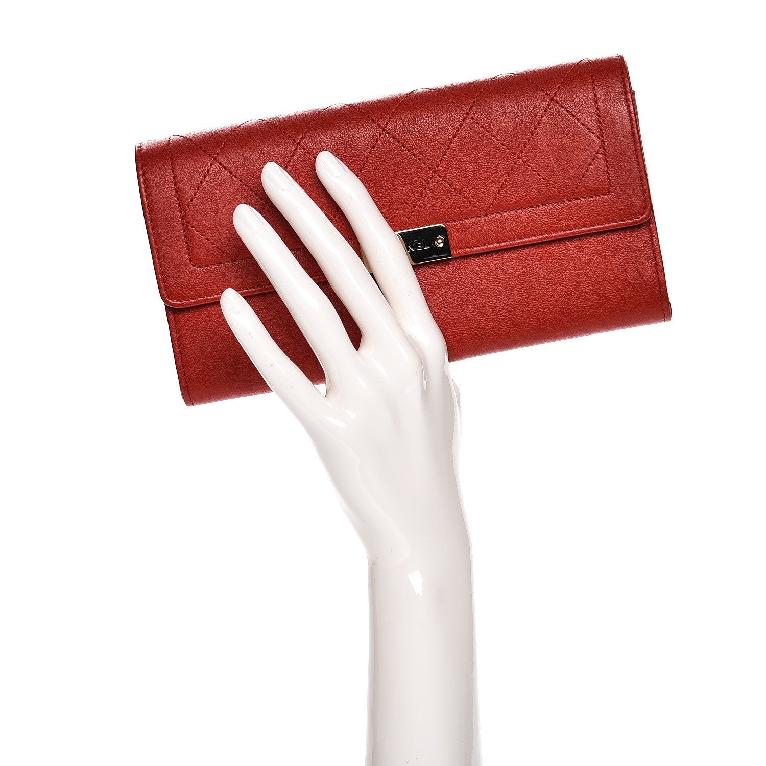 Chanel Grained Calfskin Quilted Label Click Large Gusset Flap Wallet Red 2 of 10