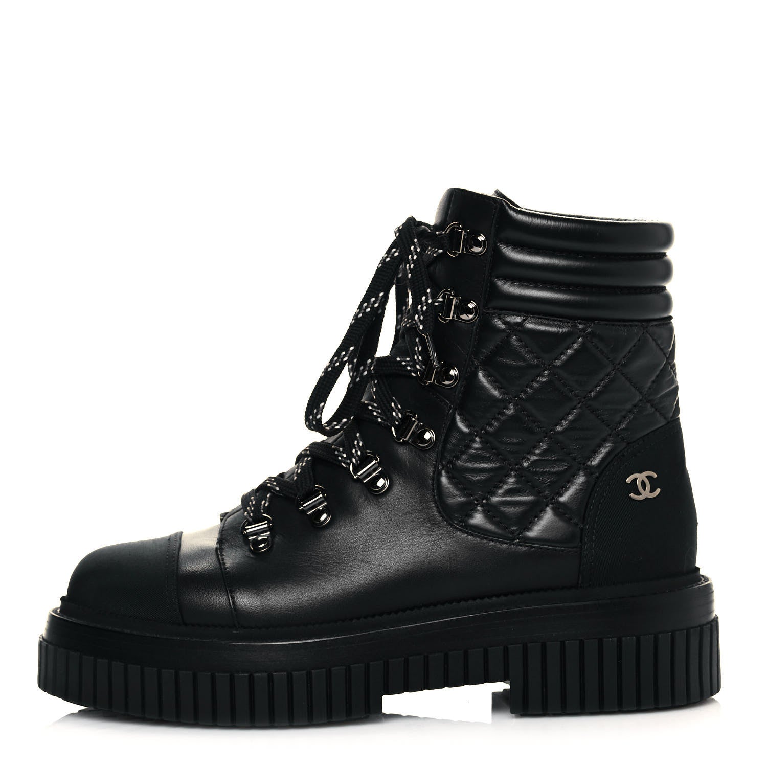Chanel Calfskin Grosgrain Quilted Lace Up Boots 38.5 Black Grey 1 of 7