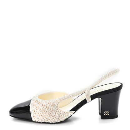 Chanel Pearl Patent Cap Toe CC Slingback Pumps 37 Ivory Black 1 of 10
