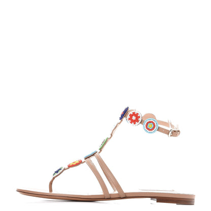 Valentino Garavani Nappa Beaded Medallion Ankle Wrap Flat Thong Sandals 40 Skin Sorbet 1 of 8