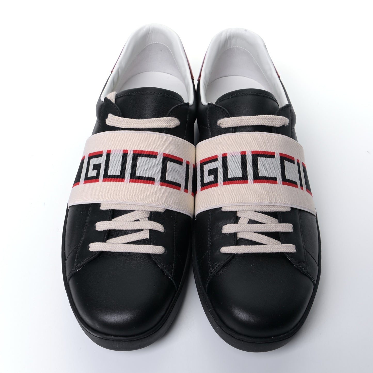 Calfskin Stripe Mens New Ace Sneakers 10.5 Black Ecru Red Flame