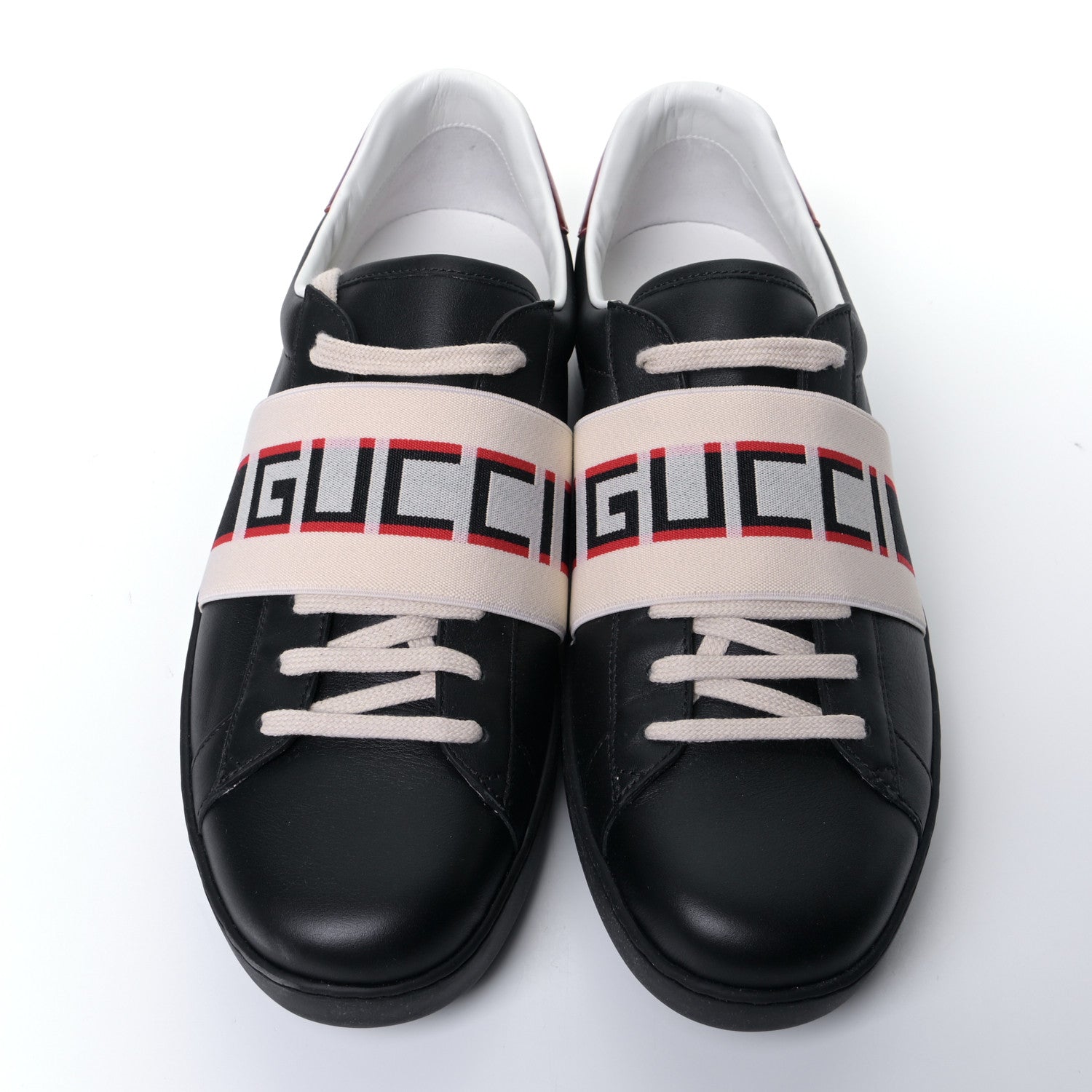 Gucci Calfskin Stripe Mens New Ace Sneakers 10.5 Black Ecru Red Flame 2 of 9