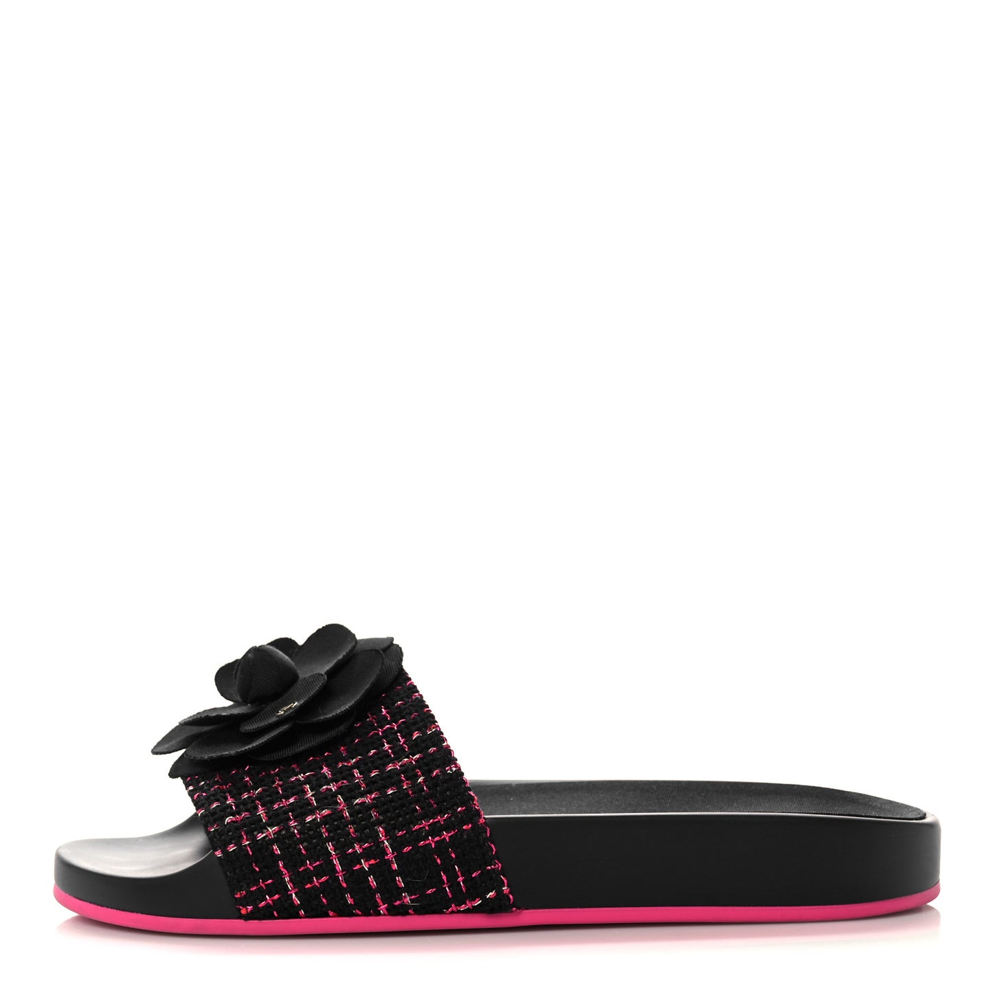 Tweed Grosgrain Camellia CC Flat Mules 36 Black Pink
