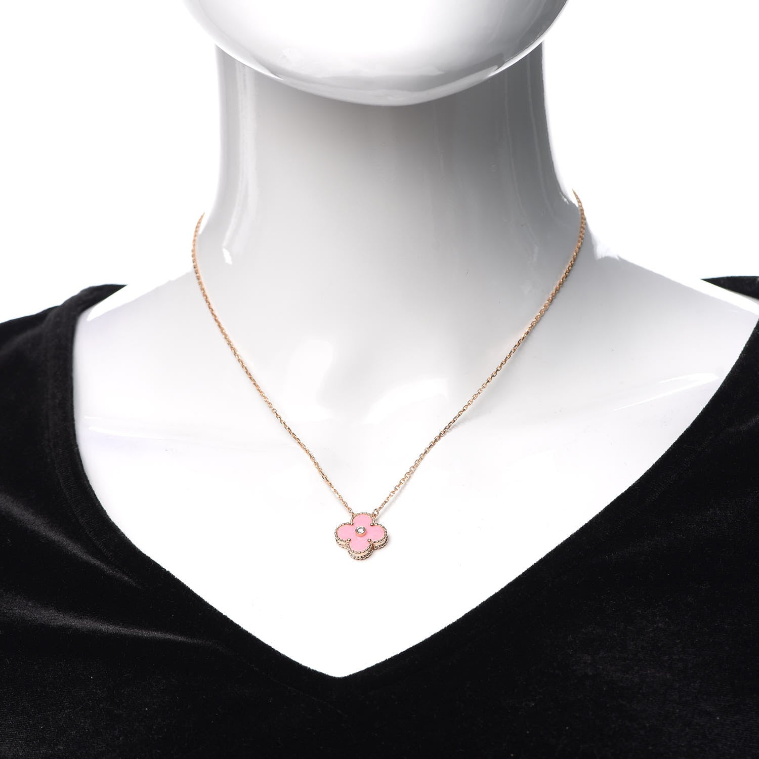 Van Cleef & Arpels 18K Rose Gold Diamond Pink Porcelain Vintage Alhambra Pendant Necklace 2 of 6