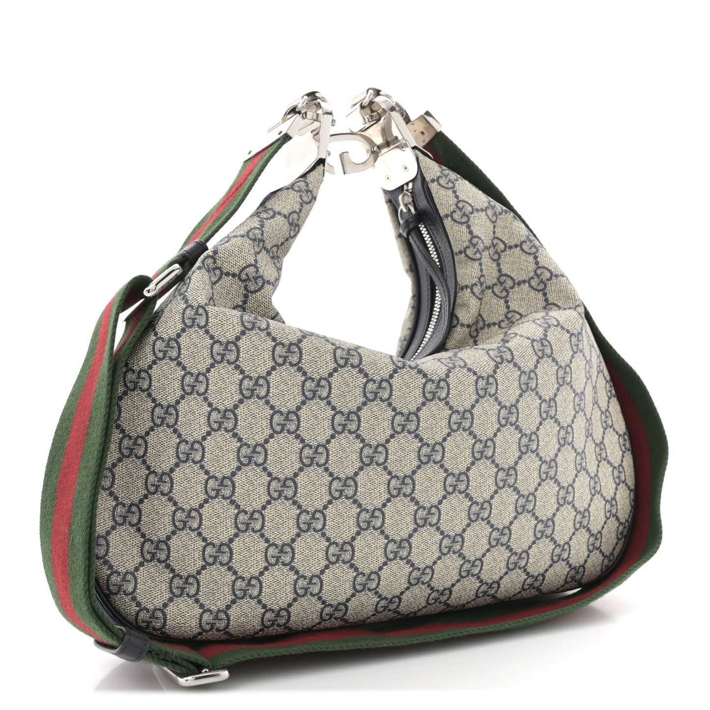 GG Supreme Monogram Textured Calfskin Web Large Attache Shoulder Bag Beige Blue