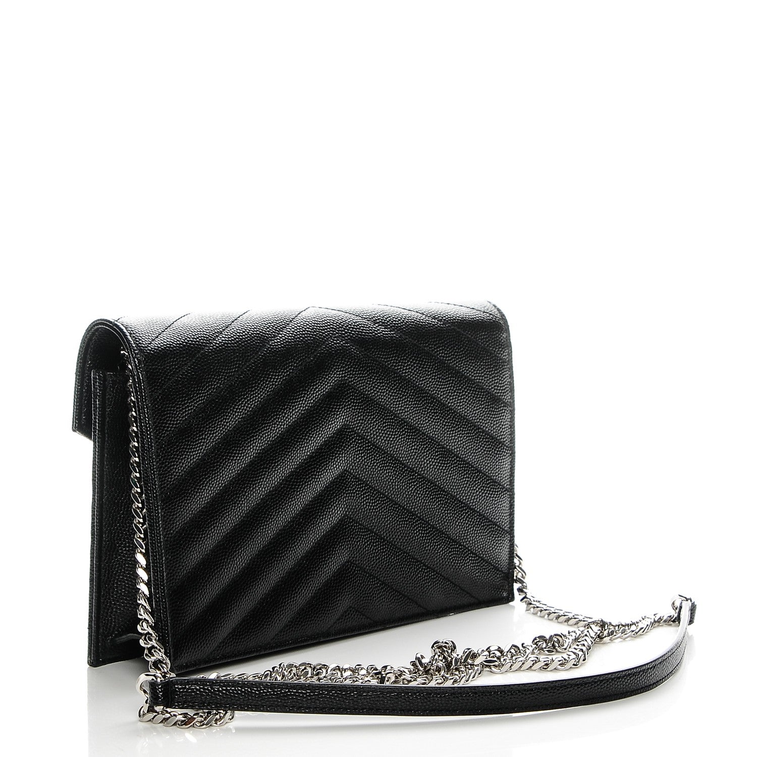 Saint Laurent Grain De Poudre Matelasse Chevron Monogram Envelope Chain Wallet Black 3 of 7