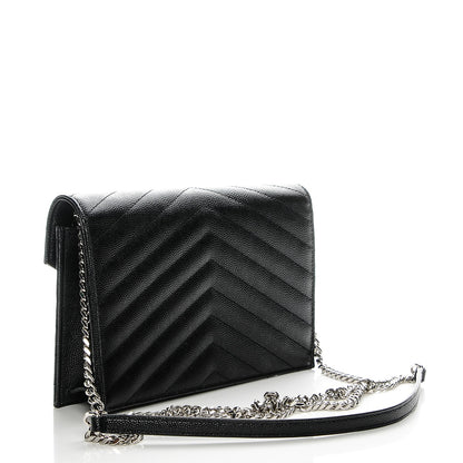 Saint Laurent Grain De Poudre Matelasse Chevron Monogram Envelope Chain Wallet Black 3 of 7