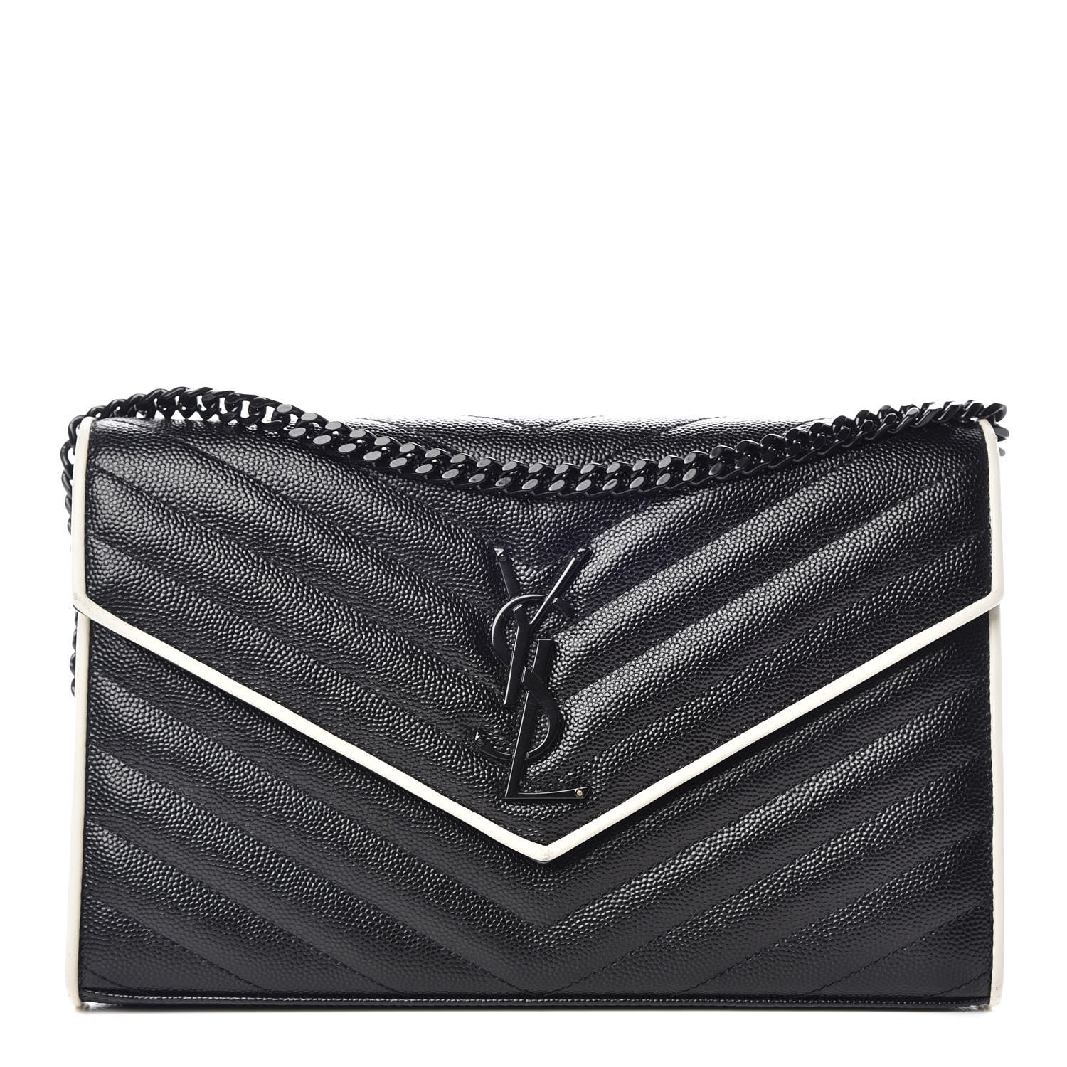 Saint Laurent Grain De Poudre Matelasse Chevron Monogram Chain Wallet Black White 1 of 14
