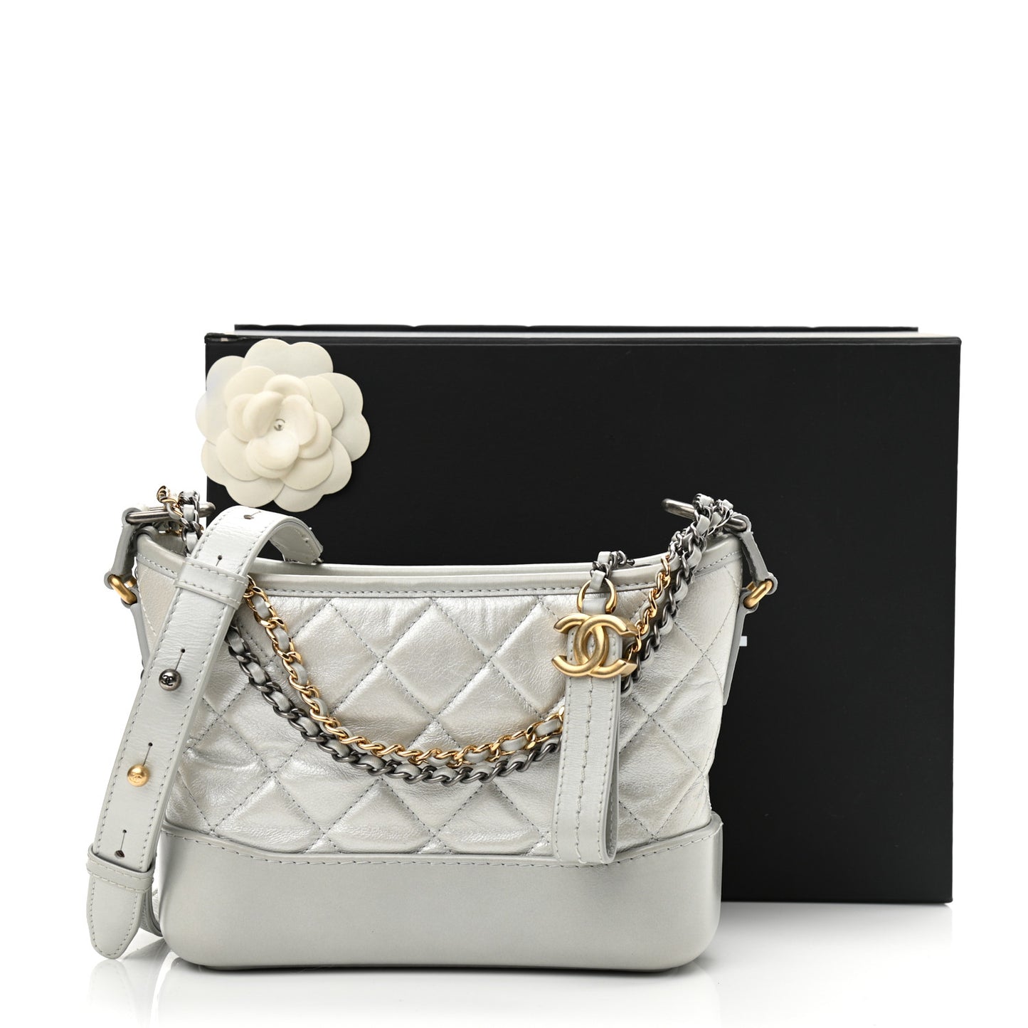 Metallic Aged Calfskin Quilted Small Gabrielle Hobo Silver