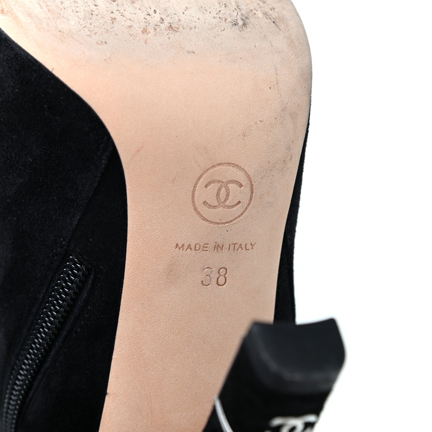 Suede Calfskin CC Cap Toe Knee High Boots 38 Black