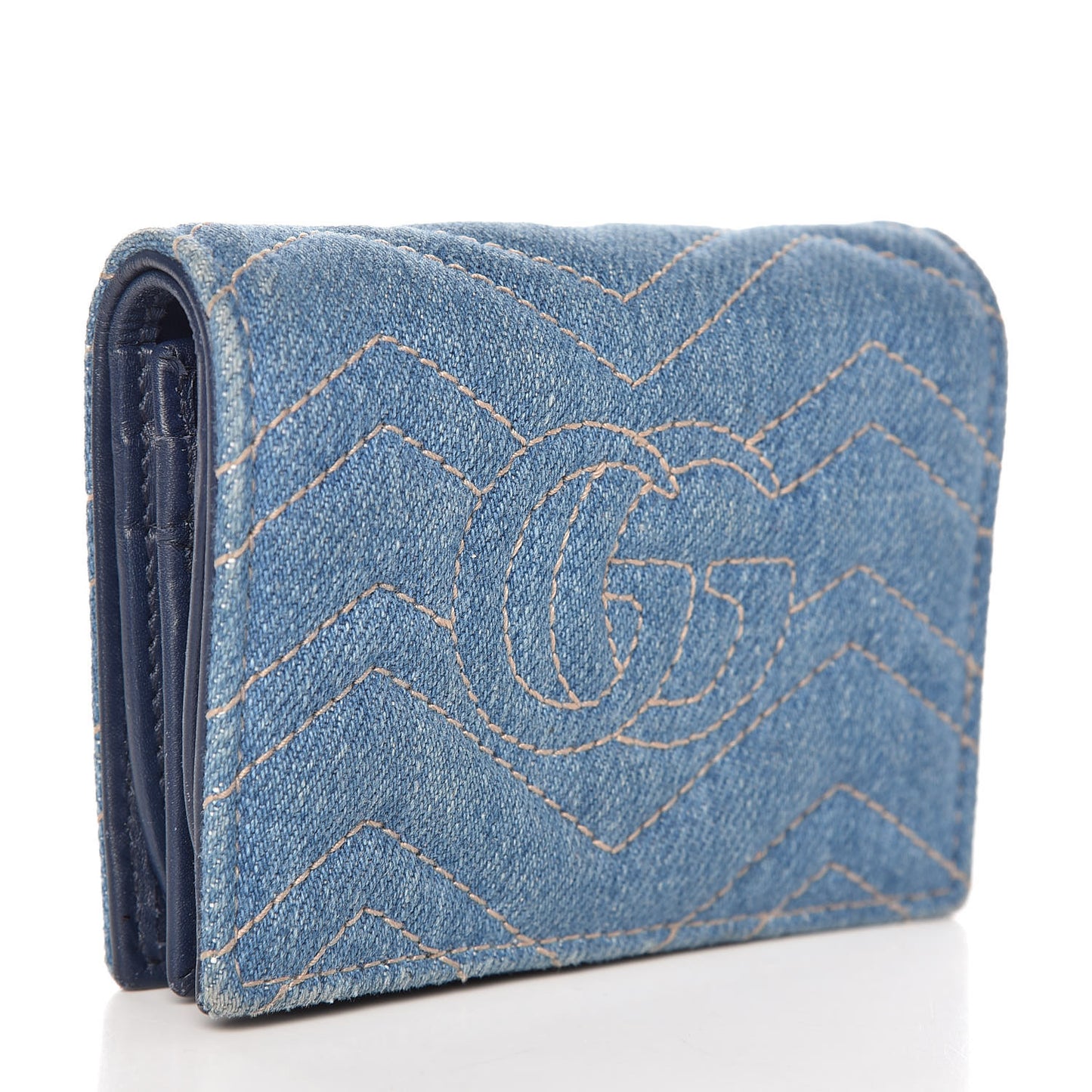 Denim Matelasse Pearly GG Marmont Card Case Wallet Blue