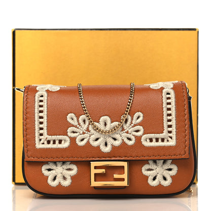 Fendi Shiny Nappa Vitello King Floral Ajour Embroidered Nano Baguette Charm Brandy 10 of 10