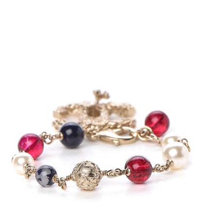 Chanel Pearl Beaded Crystal Leaf Bracelet Red Blue Gold 3 of 5