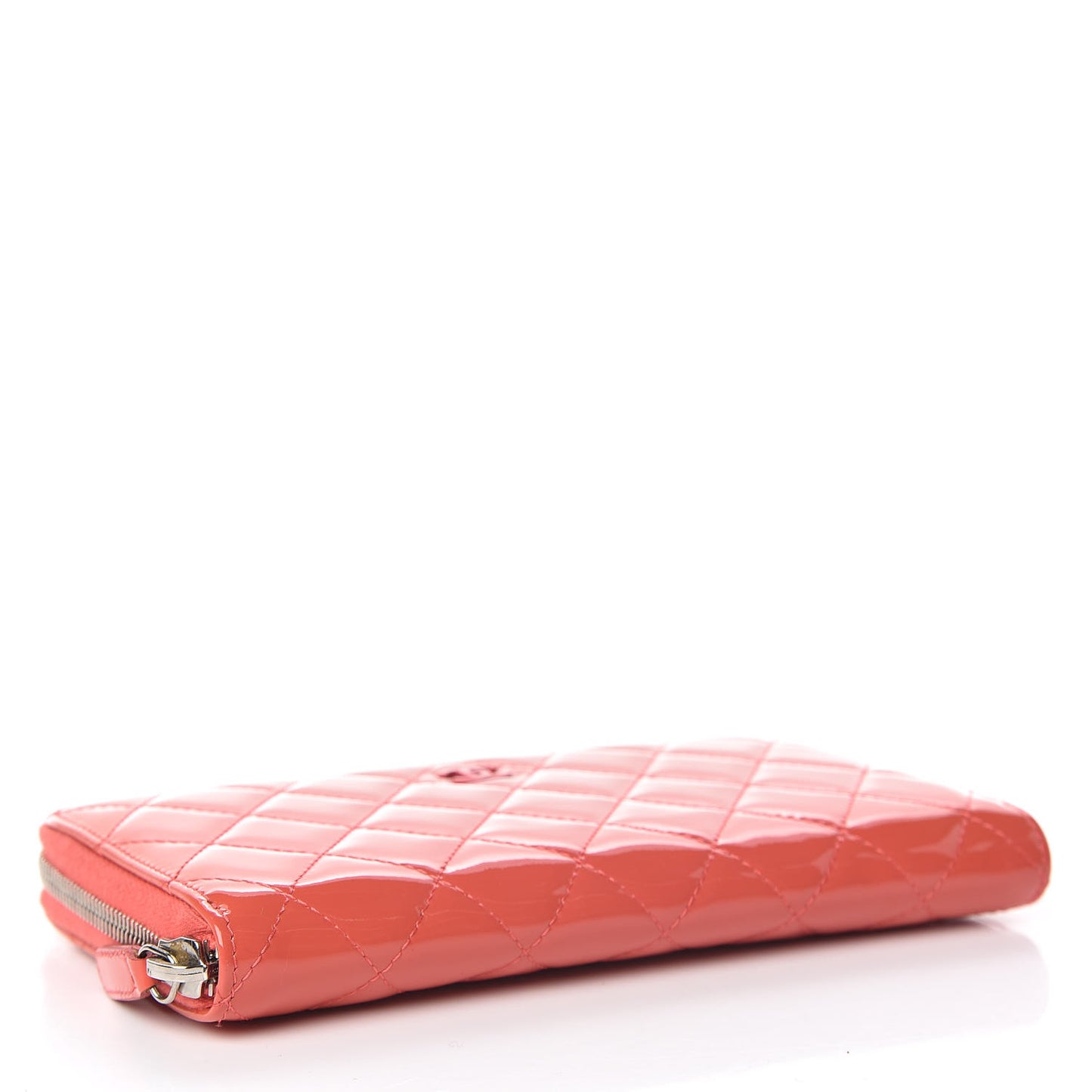 Patent Calfskin Quilted Large Gusset Zip Around Wallet Coral