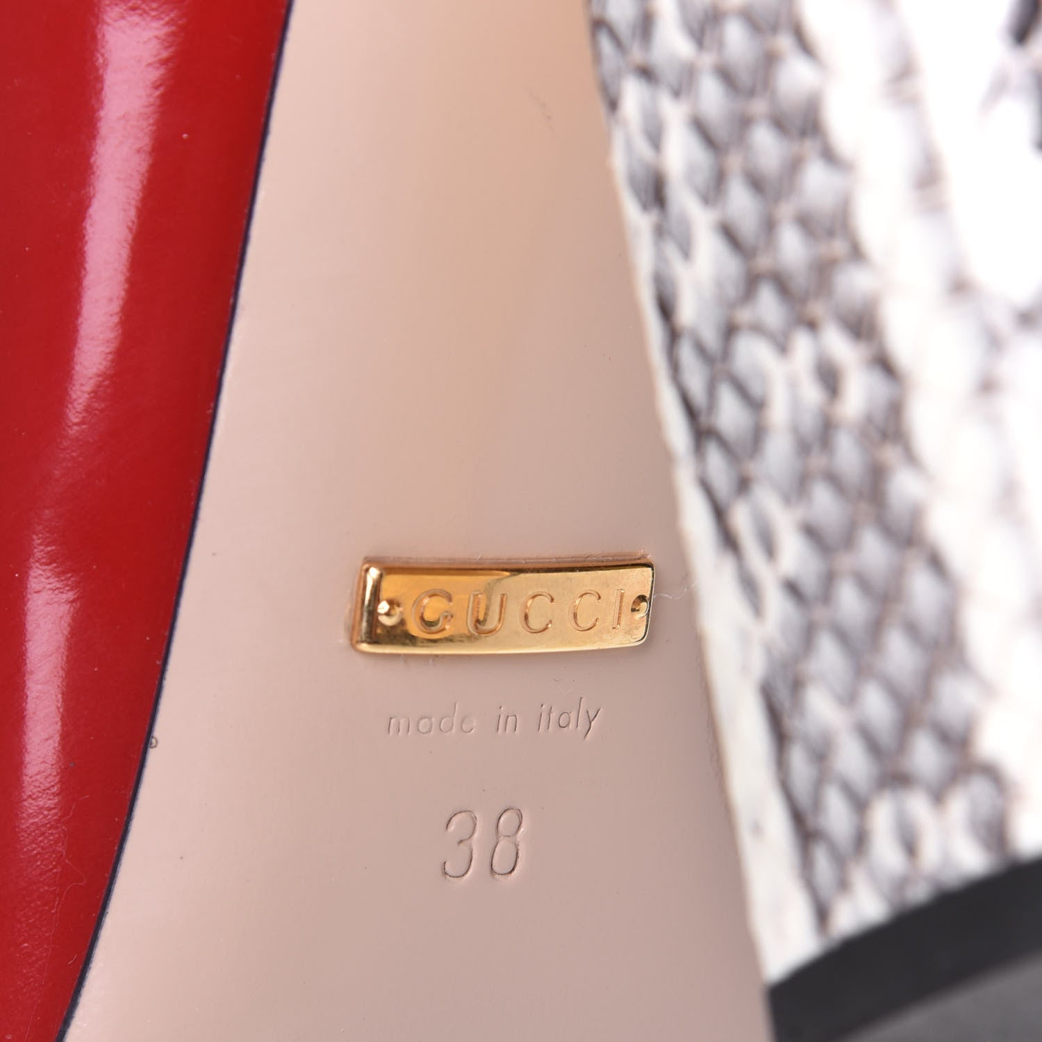 Gucci Polished Calfskin Elaphe Nimue Bow Mary Jane Pumps 38 Hibiscus Red Roccia 7 of 9
