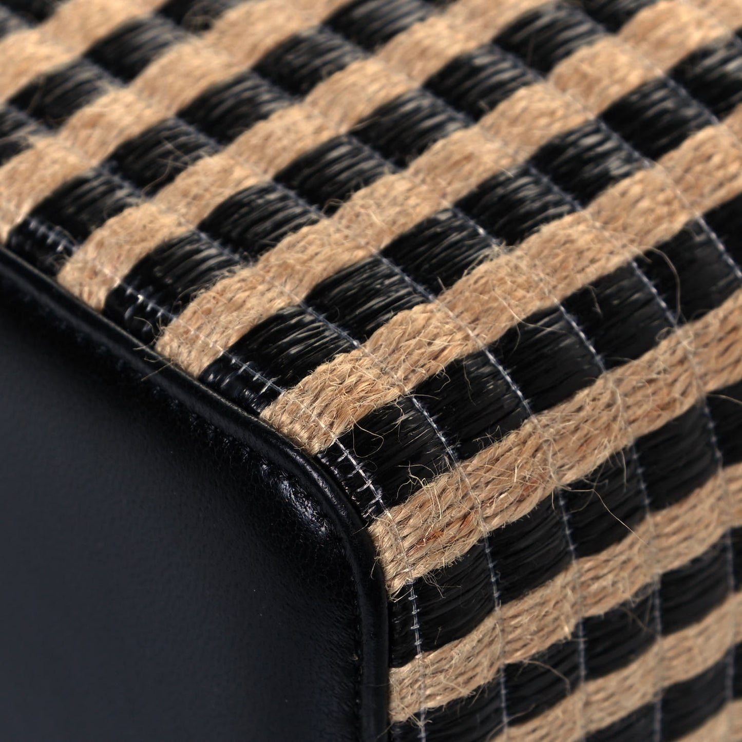 Raffia Jute Striped Small Vanity Case With Chain Black Beige