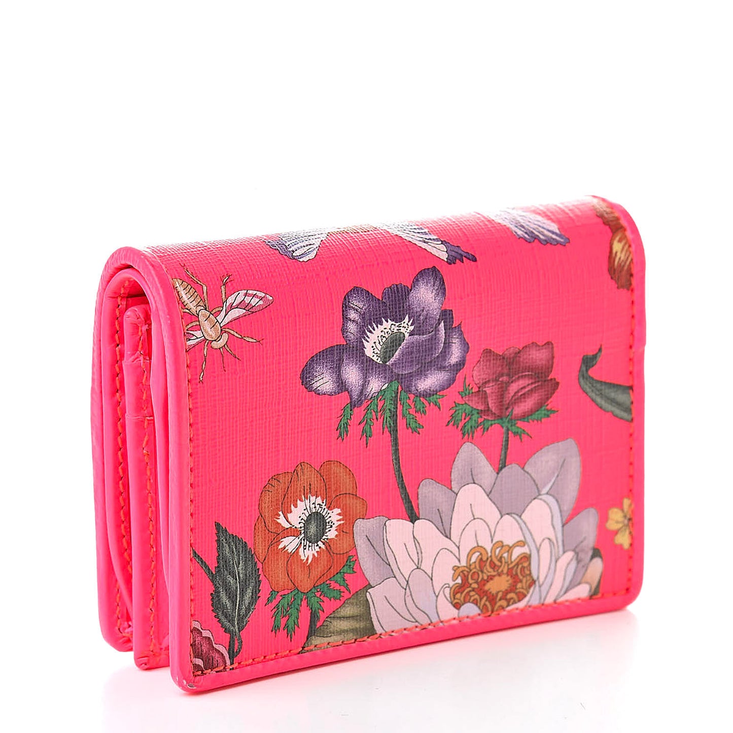 Calfskin Flora Print Zumi Card Case Fuxia Fluo