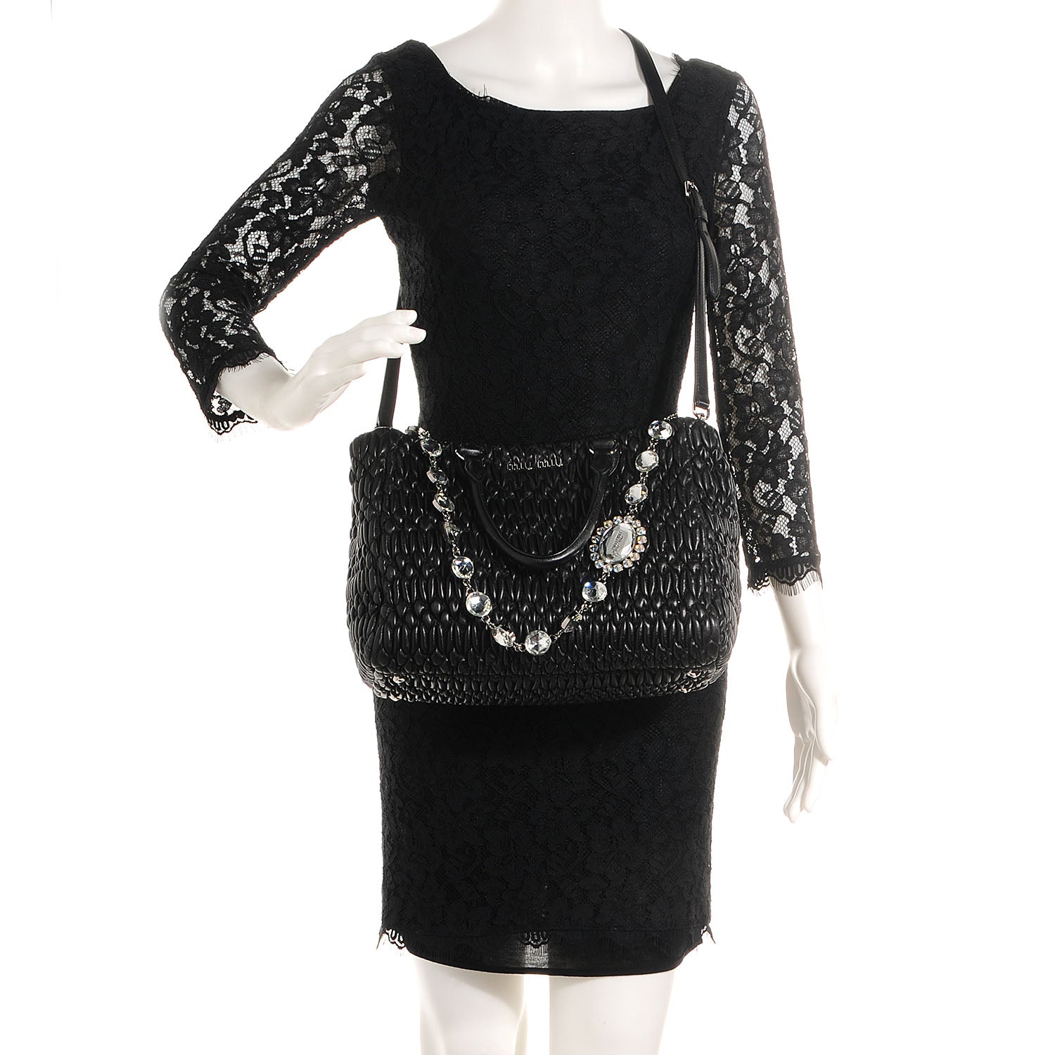 Miu Miu Matelasse Leather Swarovski Crystal Tote Black 2 of 9